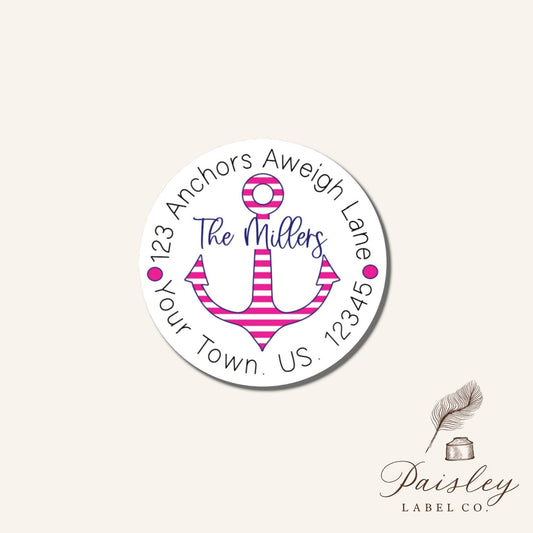 Anchor Anchors Aweigh Nautical Preppy Boat Round Circle Return Personalized Return Address Labels Mailing Stickers Multiple Sizes