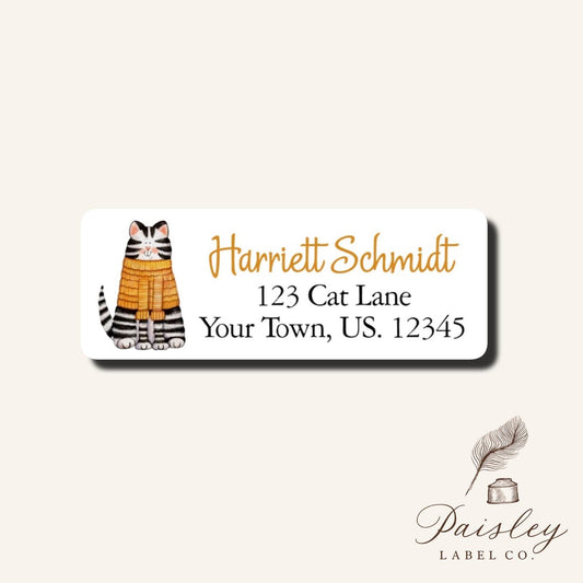 Black and White Striped Cat Wearing Fall Autumn Orange Sweater Kitten Return Address Label Stickers Sheet of 30
