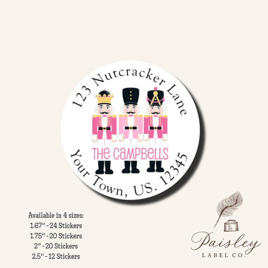 Pink Nutcracker Trio Preppy Christmas Merry Christmas Toy Soldier Holiday Personalized Round Circle Return Address Labels Stickers