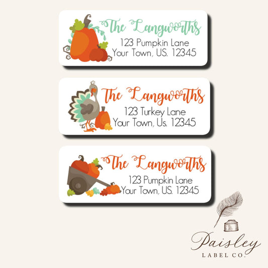Personalized Custom Thanksgiving Turkey Gourd Fall Autumn Harvest Pumpkin Return Address Label Stickers Sheet Set of 30