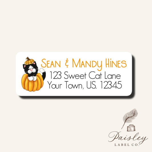 Sweet Cute Black and White Tuxedo Cat Kitten in Pumpkin Halloween  Return Address Label Stickers Sheet of 30