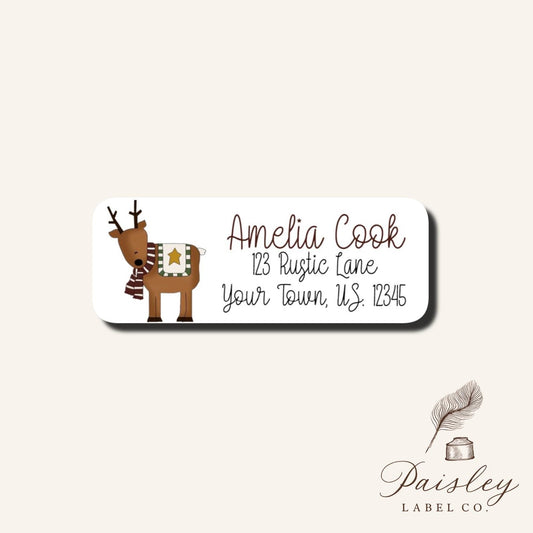Rustic Winter Reindeer Deer Primitive Return Address Mailing Labels Stickers Personalized Sheet of 30