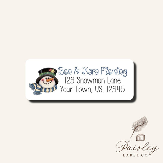 Winter Snowman Patchwork Top Hat Scarf Personalized Return Address Labels Sheet of 30 Stickers