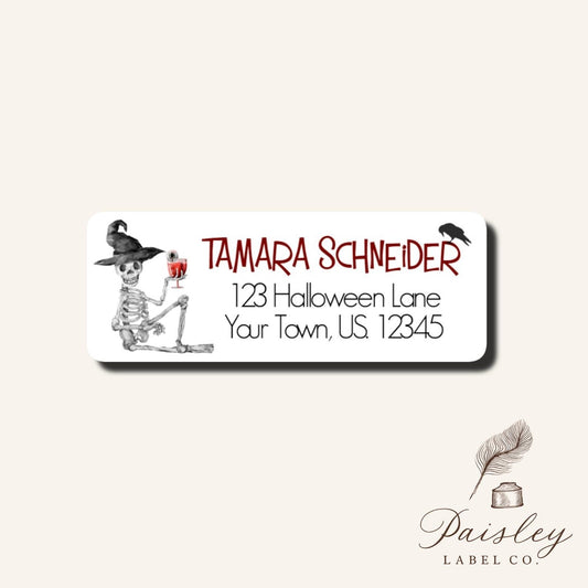 Halloween Smiling Skeleton Drink Drunk Eyeball Bloody Mary Black Crow Personalized  Return Address Mailing Labels Stickers Sheet of 30