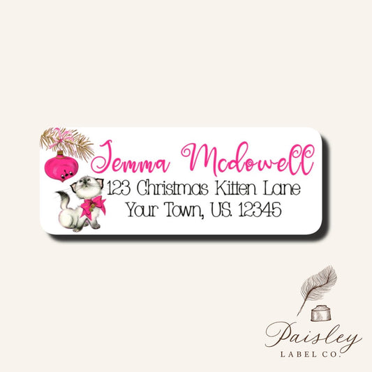 1950s Personalized Vintage Christmas Tree Branch Holiday Hot Pink Retro Ornament Cat Kitten Kitty Return Address Mailing Labels Stickers