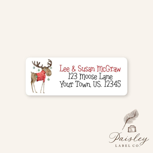 Personalized Christmas Holiday Woodland Christmas Sweater Silly Moose Ornaments Return Address Mailing Labels Stickers Sheet of 30