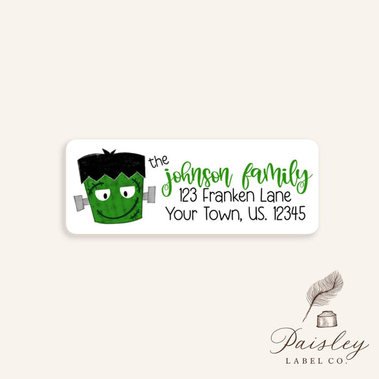 Frankenstein Kid  Monster Face Halloween Green Smiling  Mailing Labels Snail Mail Return Address Labels Mailing Stickers Sheet of 30