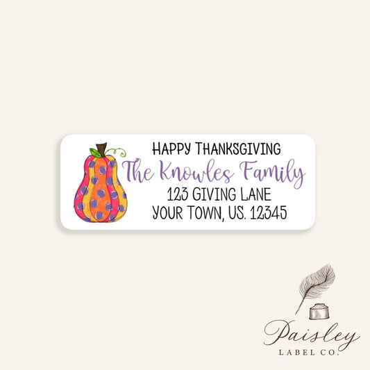 Polka Dot Doodle Pumpkin Happy Thanksgiving Tall Pumpkin Mailing Labels Snail Mail Return Address Labels Mailing Stickers Sheet of 30