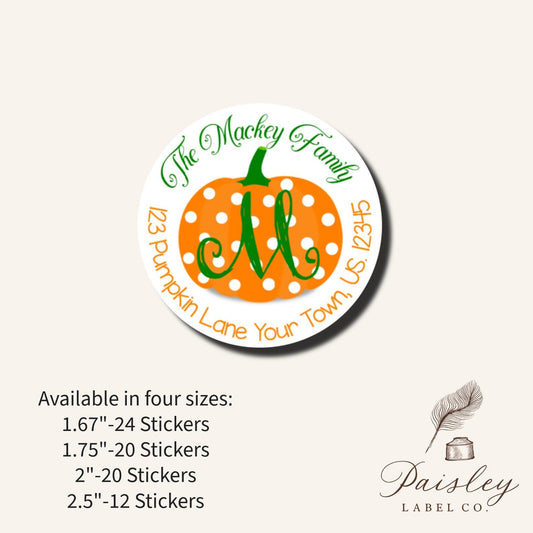 Personalized Monogram Autumn Fall Thanksgiving Halloween Polka Dot Orange Pumpkin Gourd Round Return Address Mailing Labels Multiple Sizes