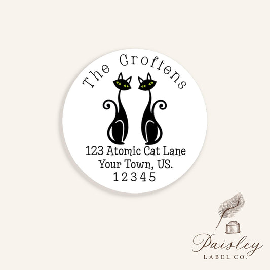 Black Cat Atomic Silhouette 50's 60's Retro Vintage Mid-Century Round Personalized Return Address Labels Mailing Stickers Multiple Sizes