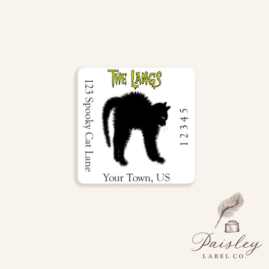 Spooky Spooked Black Cat Scaredy Cat Happy Halloween Creepy Goth Silhouette Square Return Address Label Mailing Label Sheet of 24 Stickers