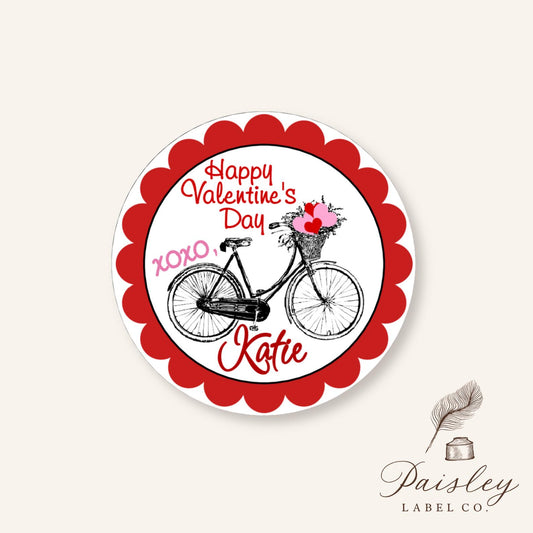 Valentine Vintage Bicycle Bike with Basket of Red Pink Hearts Valentine's Day Kids Class Party Favors Label Stickers Gift Giving Stickers