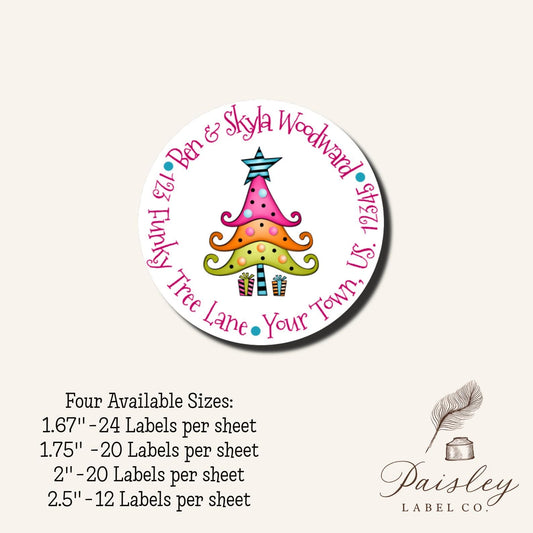 Merry Christmas Bright Funky Whimsical Christmas Tree Hot Pink Gifts Presents Round Circle Return Address Labels Stickers Multiple Sizes