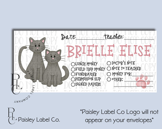 Watercolor Gray Twin Cats Kitten Kitty Pink Paw Print Back To School Money Envelopes School Student Kids Envelopes Lunch Money Organization