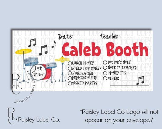 Watercolor Music Drummer Rocker Drums Music Notes Back To School Money Envelopes School Student Kids Envelopes Lunch Money Organization