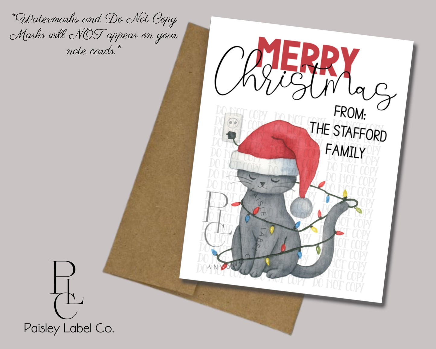 Santa Kitty Cat Christmas Lights in a Tangle Merry Christmas Cat Lover Note Card Gift Notecard Stationery Stationary Folded With Envelopes