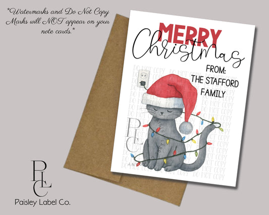 Santa Kitty Cat Christmas Lights in a Tangle Merry Christmas Cat Lover Note Card Gift Notecard Stationery Stationary Folded With Envelopes