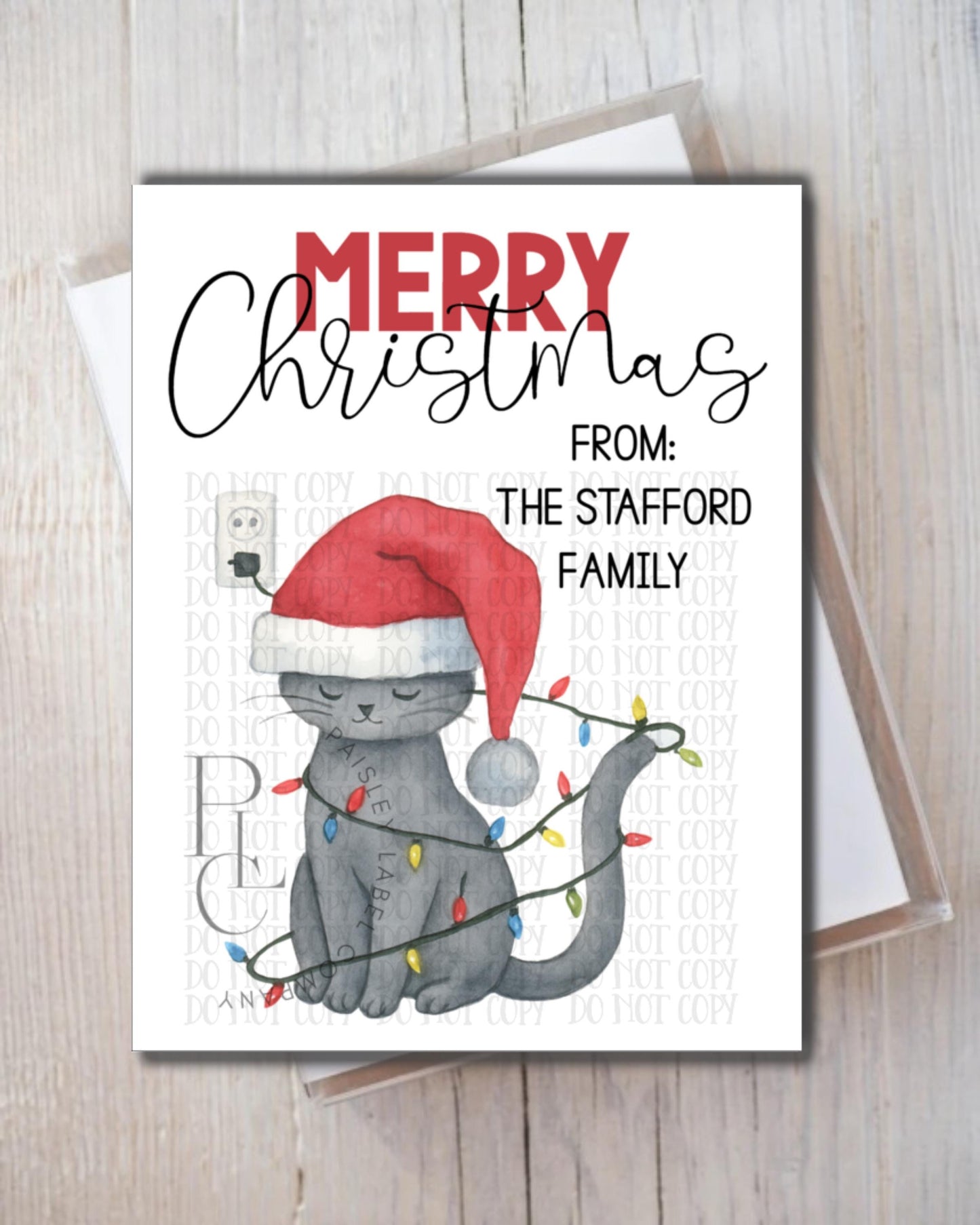 Santa Kitty Cat Christmas Lights in a Tangle Merry Christmas Cat Lover Note Card Gift Notecard Stationery Stationary Folded With Envelopes
