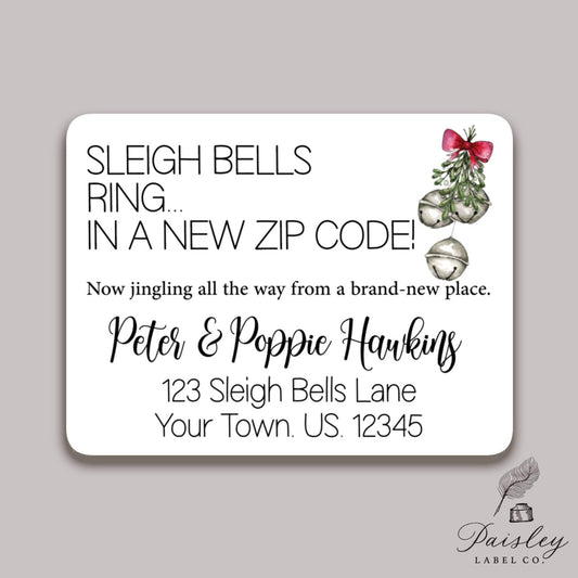 Sleigh Bells Ring Christmas Funny Moving Change Of Address Announcement Note Card Notecard Stationery Stationary Flat Card Gift Set of 12