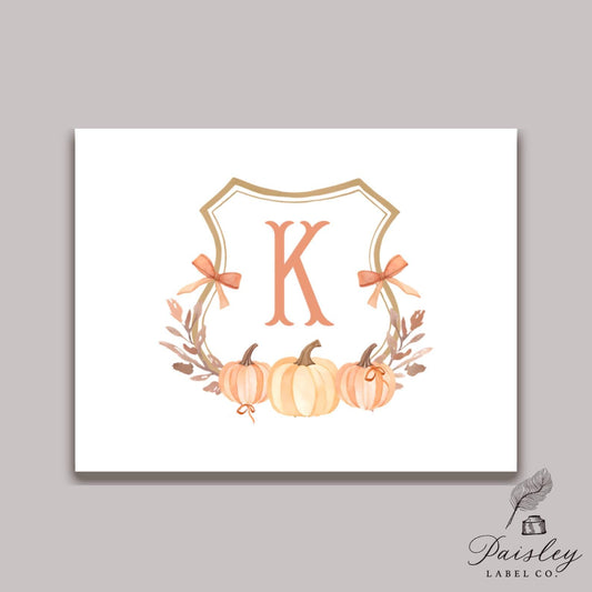Thanksgiving Crest Monogram Pumpkin Fall Autumn Grand Millennial Orange Name Note Card Gift Notecard Stationery Stationary Folded Set of 12