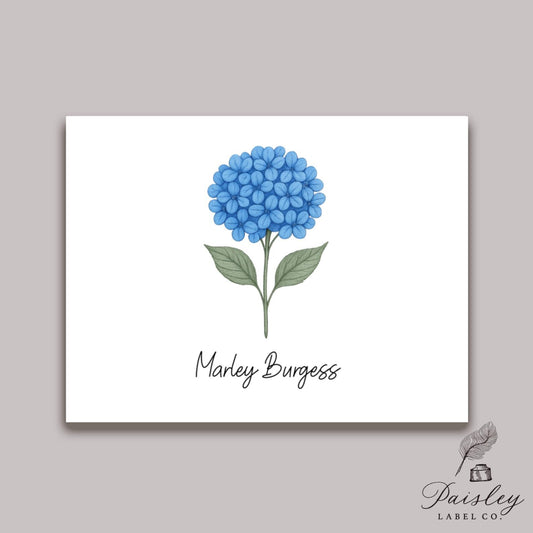 Single Blue Hydrangeas Custom Floral Flower Boho Style Name Note Card Gift Notecard Stationery Stationary Folded Set of 12 With Envelopes