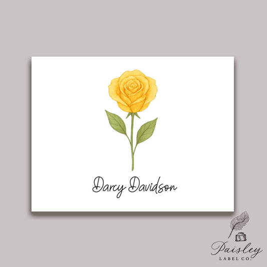 Single Yellow Rose Custom Floral Flower Boho Style Name Note Card Gift Notecard Stationery Stationary Folded Set of 12 With Envelopes