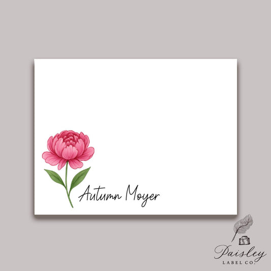 Single Pink Peony Peonies Custom Floral Flower Boho Style Name Note Card Gift Notecard Stationery Stationary Folded Set of 12 With Envelopes