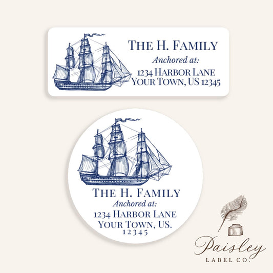Vintage Clipper Tall Ship Boat Historical Boat Nautical Personalized Coastal Round Traditional Classic Return Address Mailing Labels