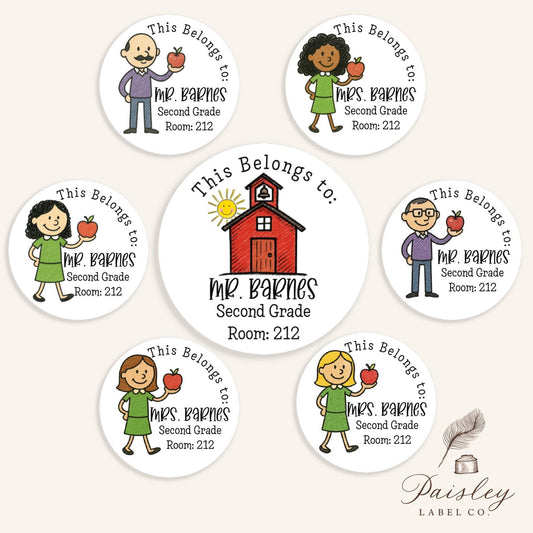 Stick Figure Teachers Lady Man Red School House Apple Personalized This Belongs To Teacher  Round Stickers Organization Labels Multiple Size