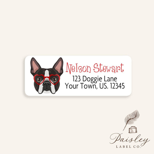 Boston Terrier Dog Face With Cute Red Glasses Puppy Personalized Return Address Labels Mailing Stickers Address Label Sheet of 30