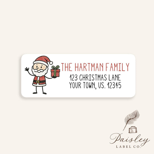Stick Figure Waving Santa Claus Kringle Holding Gift Present Personalized Return Address Labels Mailing Stickers Address Label Sheet of 30