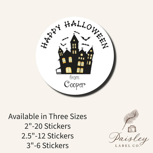 Personalized Halloween Haunted House Spooky Flying Bats Trick or Treat Labels Stickers Class Party Favor Gift Tags Goodie Bag Multiple Sizes