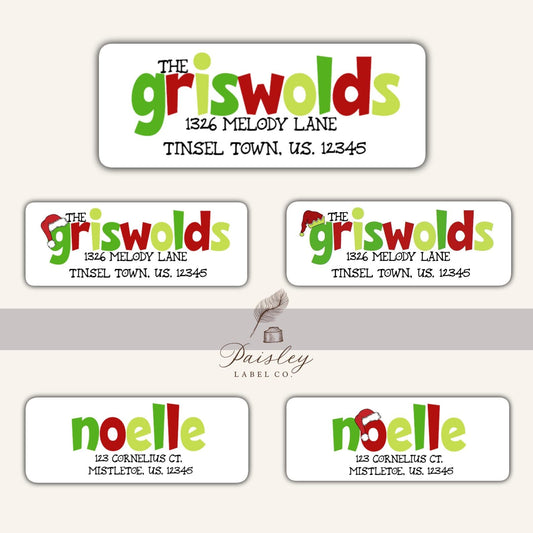 Bold Colorful Red Lime Green Whimsical Christmas Santa Claus Elf Hat Cap Personalized Holiday Return Address Labels Mailing Stickers