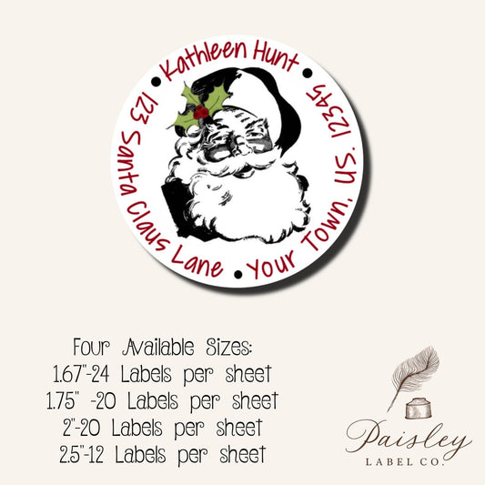 Vintage Retro Christmas  Santa Claus Jolly Saint Nick Holly Berries Kris Kringle Round Circle Return Address Labels Stickers Multiple Sizes