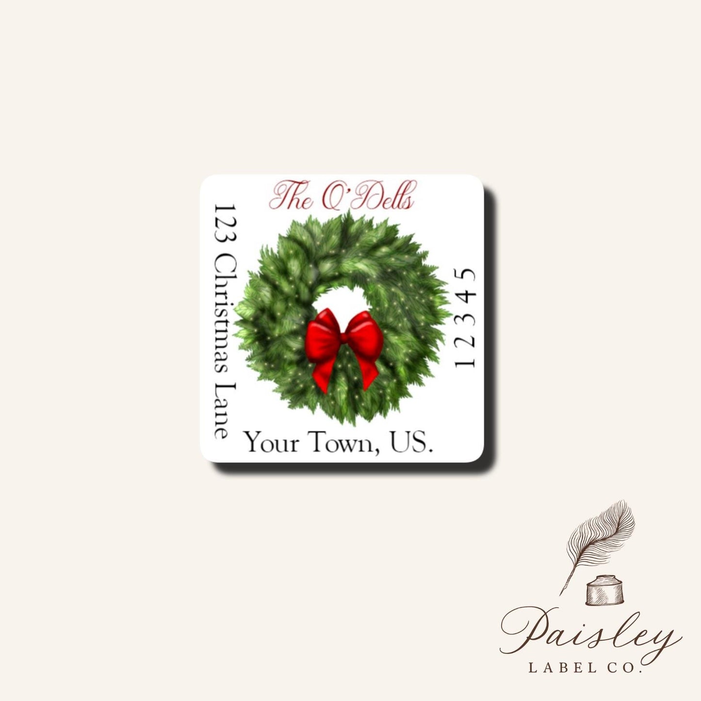 Winter Christmas Wreath Red Bow Lights Evergreen Pine Tree Branch Square Elegant Custom Holiday Return Address Labels Stickers Sheet of 24