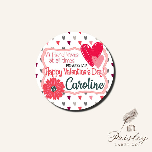 Personalized Valentines Scripture Verse A Friend Loves At All Times Proverbs 17:17 Heart Flower Pink Round Stickers Party Favor Gift Bags