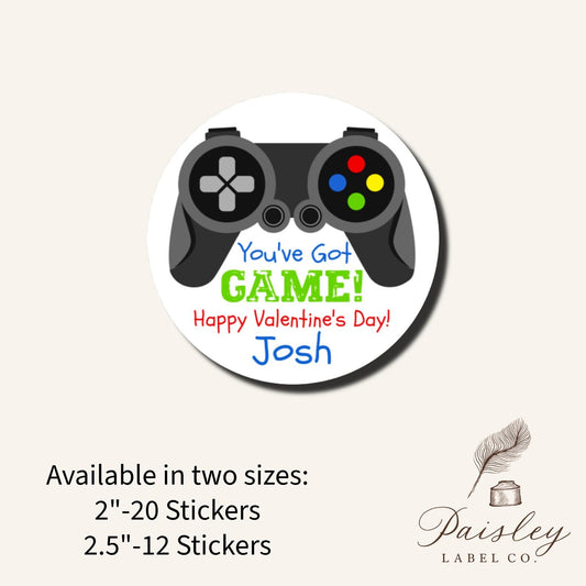 You've got GAME Gaming Gamer Video Game Controller Kid Happy Valentine's Day School Class Teacher Kids Class Party Favors Label Stickers
