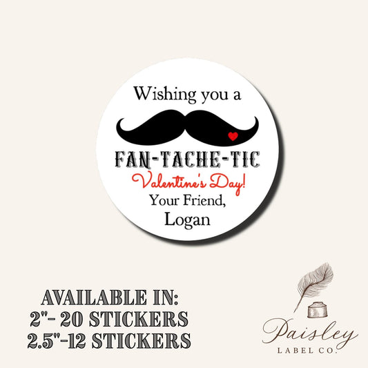 Wishing You A FANTASHIC Mustache Heart Happy Valentines Day Round Class Teacher Kids Class Party Favors Label Stickers Multiple Sizes