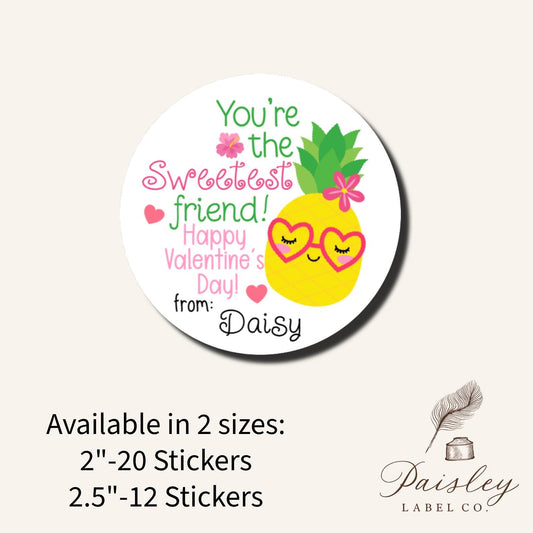 You're the Sweetest Friend Pineapple Tropical Hearts Valentine's Day Gift Tag Treat Bag Kids Class Party Favor Label Stickers Multiple Sizes