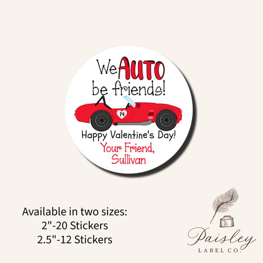 Red Race Car We AUTO Be Friends Happy Valentine's Day School Round Class Teacher Kids Class Party Favors Label Stickers Multiple Sizes