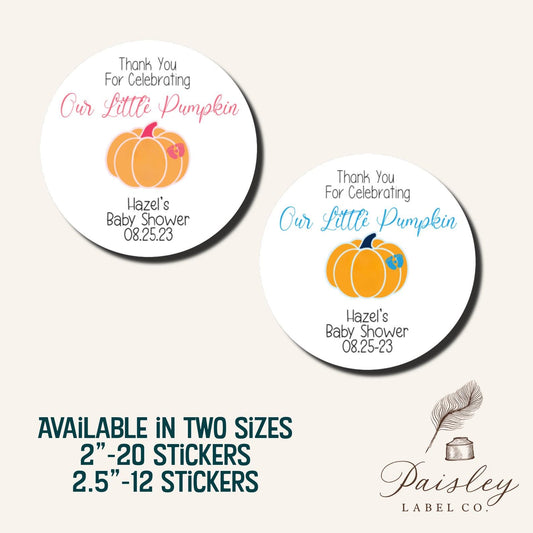 Baby Shower Pumpkin Pink Blue Footprints Thanks for Celebrating Our Little Pumpkin Fall Labels Party Favors Round Gift Giving Tags Stickers