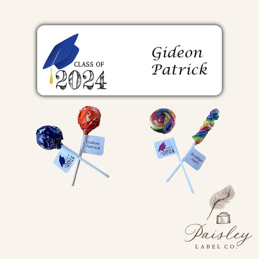 Personalized Sucker Lollipop Labels Grad Graduate Graduation Cap Class of 2024 Custom Lollipop labels Party Favors Senior Class Sheet of 30