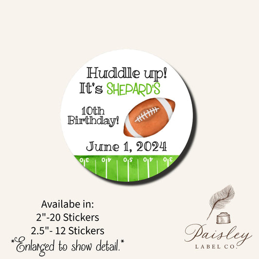 Huddle Up! Football Sports Circle Field Birthday Party Favors Gift Tag Baby Shower Round Stickers Labels, 2 sizes