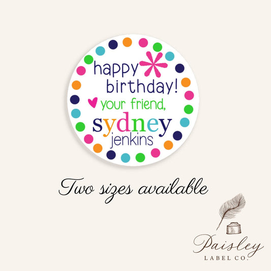 Happy Birthday Bright Colorful Heart Preppy Friend Sticker Birthday Party Gift Tag Labels Kids Gift Name Sticker Personalized Multiple Sizes