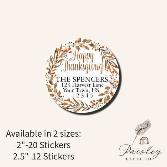 Autumn Harvest Fall Leaf Berry Happy Thanksgiving  Wreath  Round  Return Address Labels Mailing Package Stickers Personalized