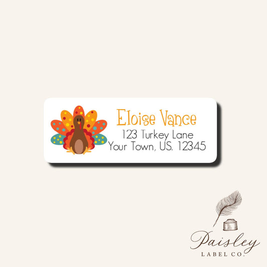 Thanksgiving Polka Dot Cute Turkey Fall Autumn Harvest Pumpkin Return Address Label Stickers Sheet Set of 30