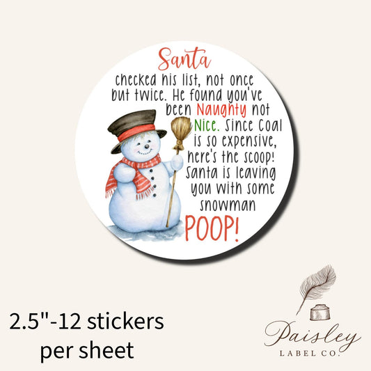 Snowman Poop School Party Favor Tag Dirty Santa Gift Treat Bag Fun Funny Stickers Christmas Tags favors Christmas Eve Sheet of 12