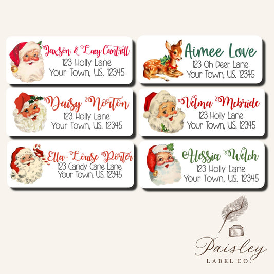 Vintage Christmas Holiday Santa Claus Saint Nick Kris Kringle Father Christmas Retro Reindeer Return address labels Sheet of 30