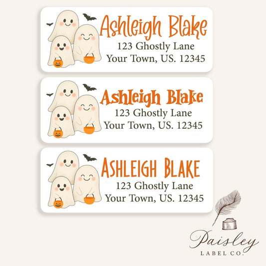 Cute Halloween Happy Ghost Trick or Treat Trio Bat Spooky Personalized Return Address Labels Mailing Stickers Address Label Sheet of 30
