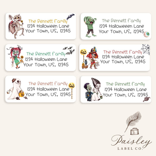 Halloween Trick or Treaters Kids Dress Up Fall Mummy Ghost Candy Pirate Ragdoll Return Address Labels and Seal Stickers Sheet of 30